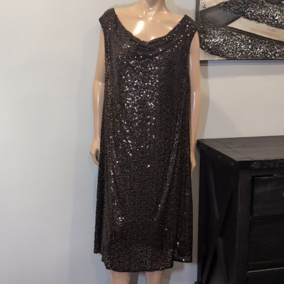 Vintage Full Sequin Cocktail Dress Sleeveless Cowl Formal Plus Size 24 Brown - Picture 8 of 10